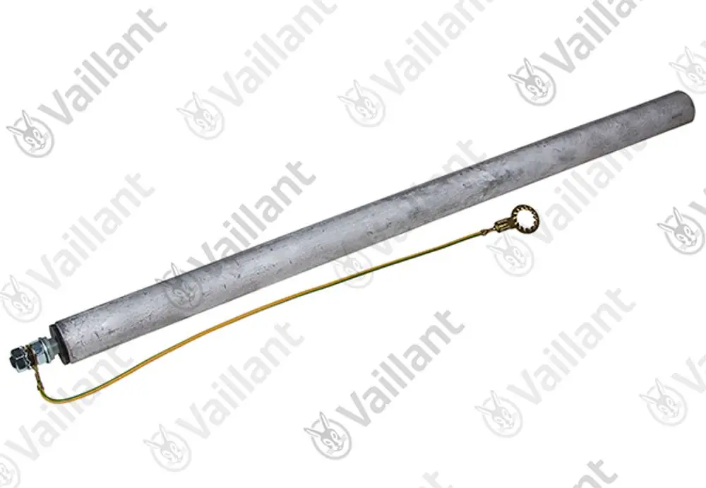 Vaillant Anode aus Metall mit Befestigungselement und Anschlusskabel. Sie dient dem Korrosionsschutz in Heizsystemen.